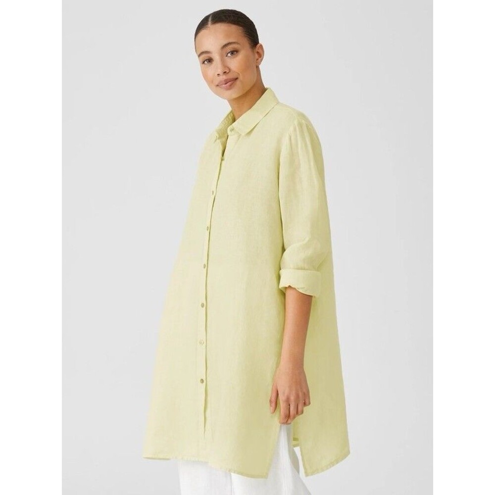 Eileen Fisher Linen Button Up Shirt Tunic Small Garment Dyed Organic Minimalist